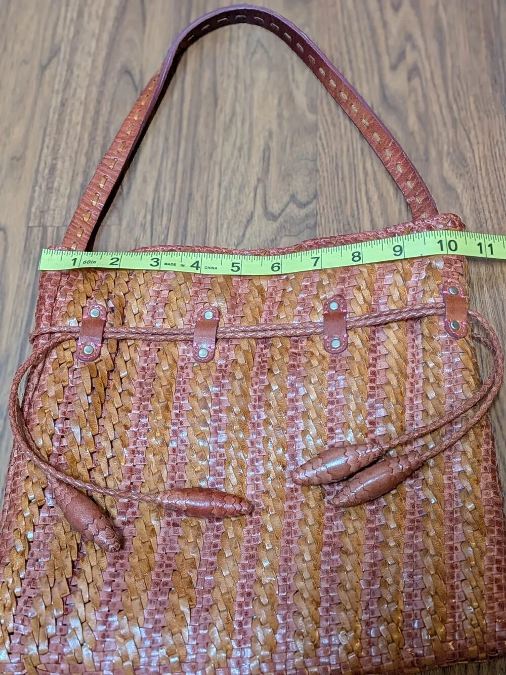 Martina Caponi Italy Brown Woven Braided Leather Bag Hobo Drawstring Polka Dot